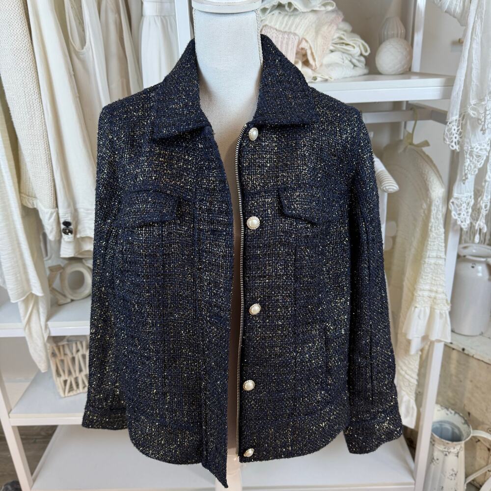 💗Chico’s💗 Navy Tweed Pearl-Button Jacket Blazer Size 2